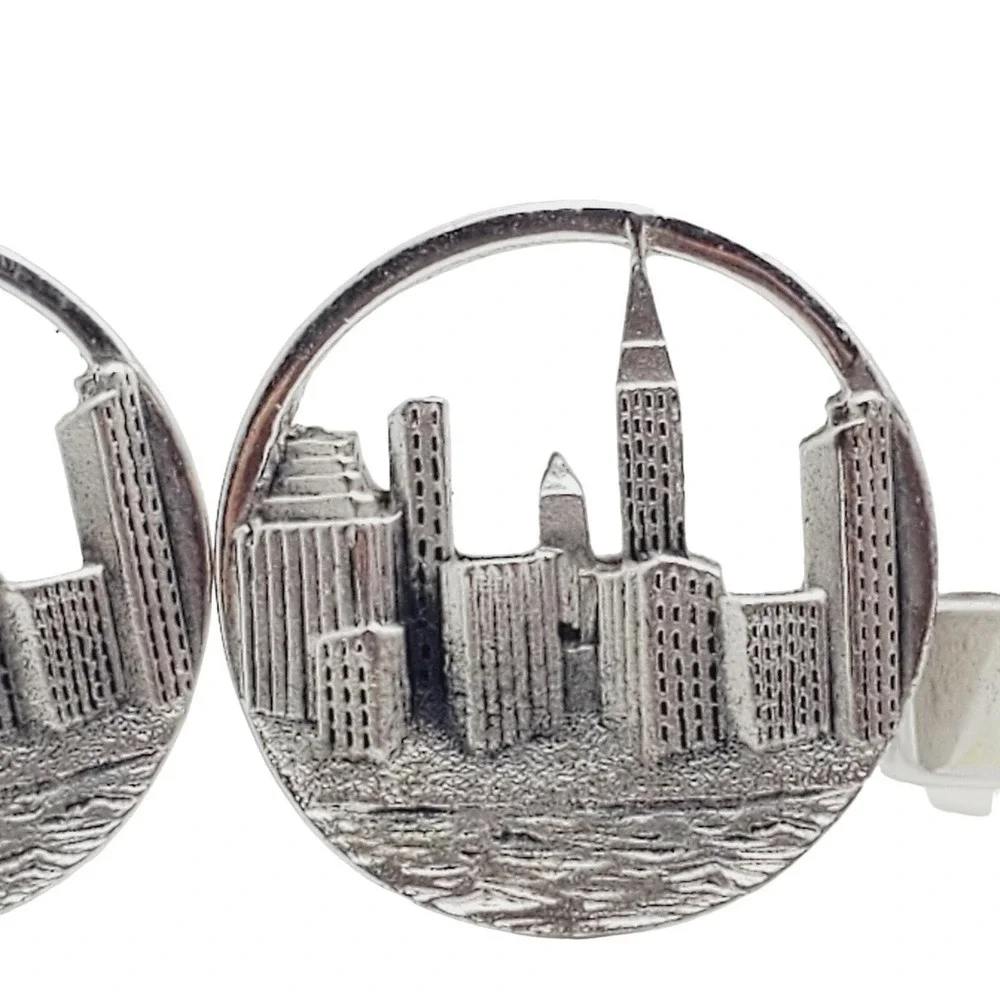Swank NYC Cufflinks Tie Clip Bar New York Skyline Silver Tone Clasp Bar Mens Vtg